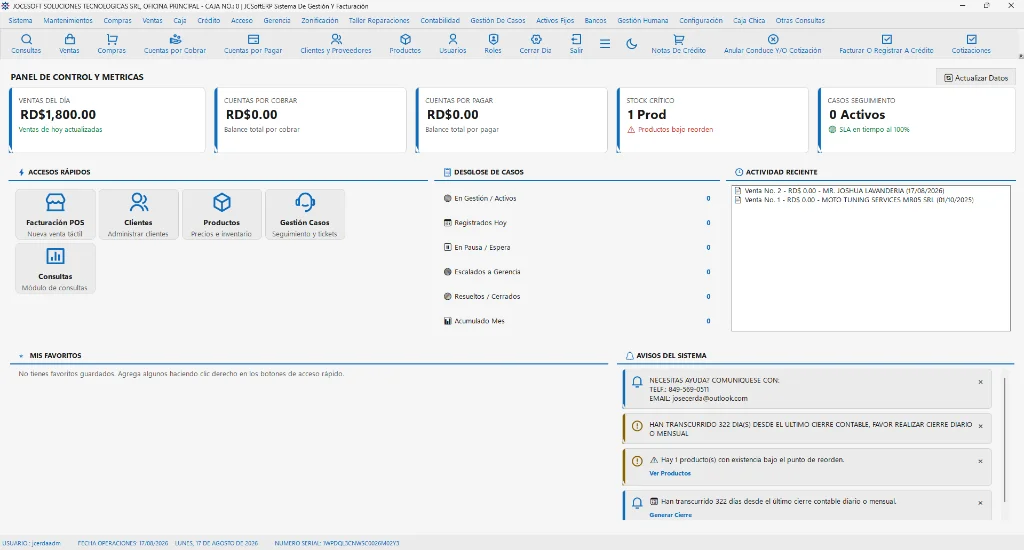 Pantalla principal de JCSoftERP, sistema de facturación, inventario y gestión
